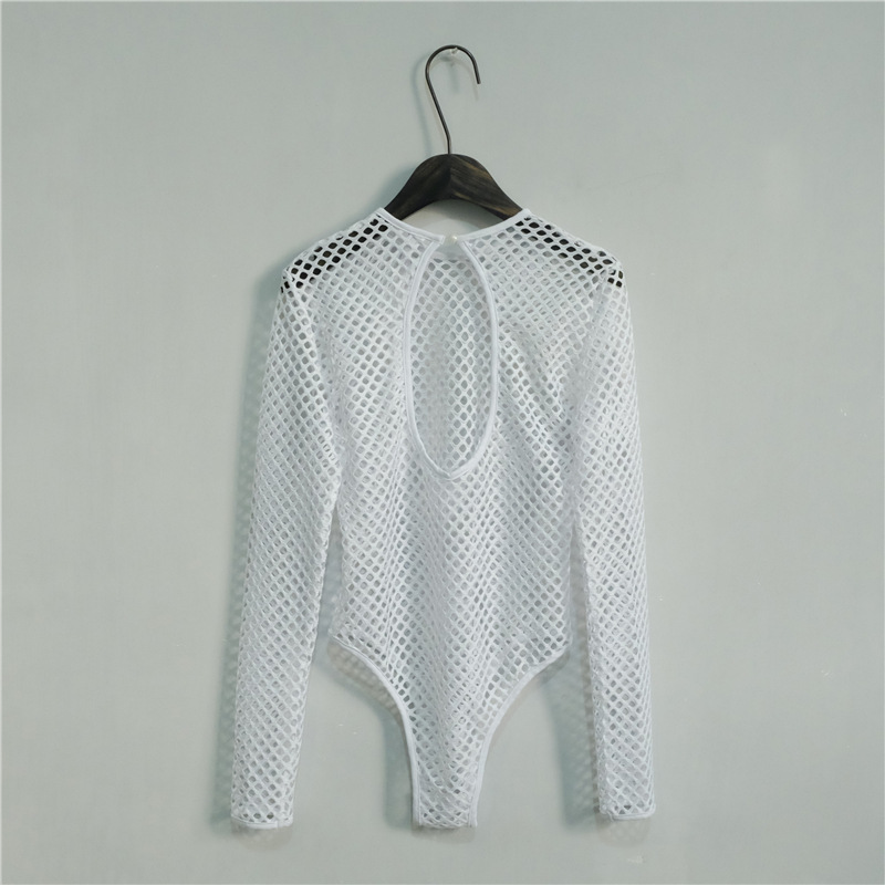 F5376-2 Womens Long Sleeve Mesh Fish Net Leotard Bodysuit Top White Fashion